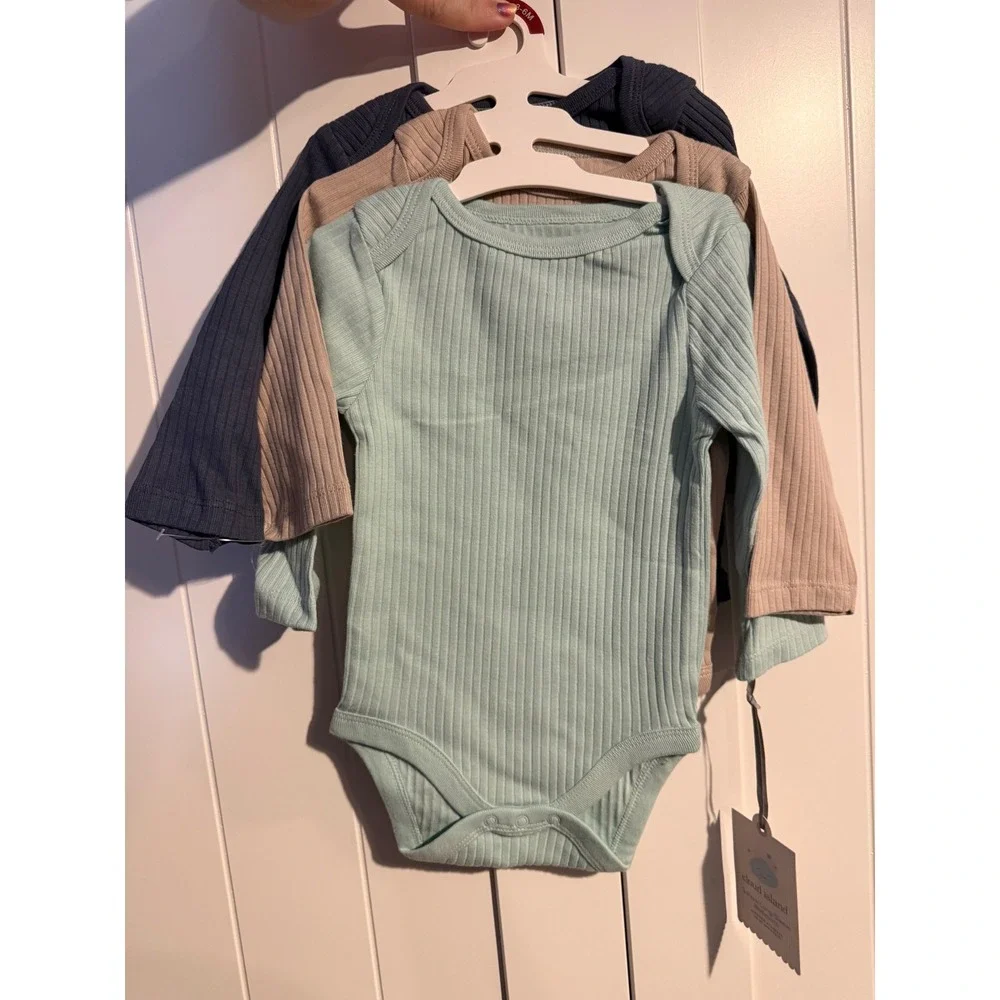Cloud Island Baby 3 Pack Ribbed Long Sleeve Bodysuits Blue Tan Mint 3-6M NWT